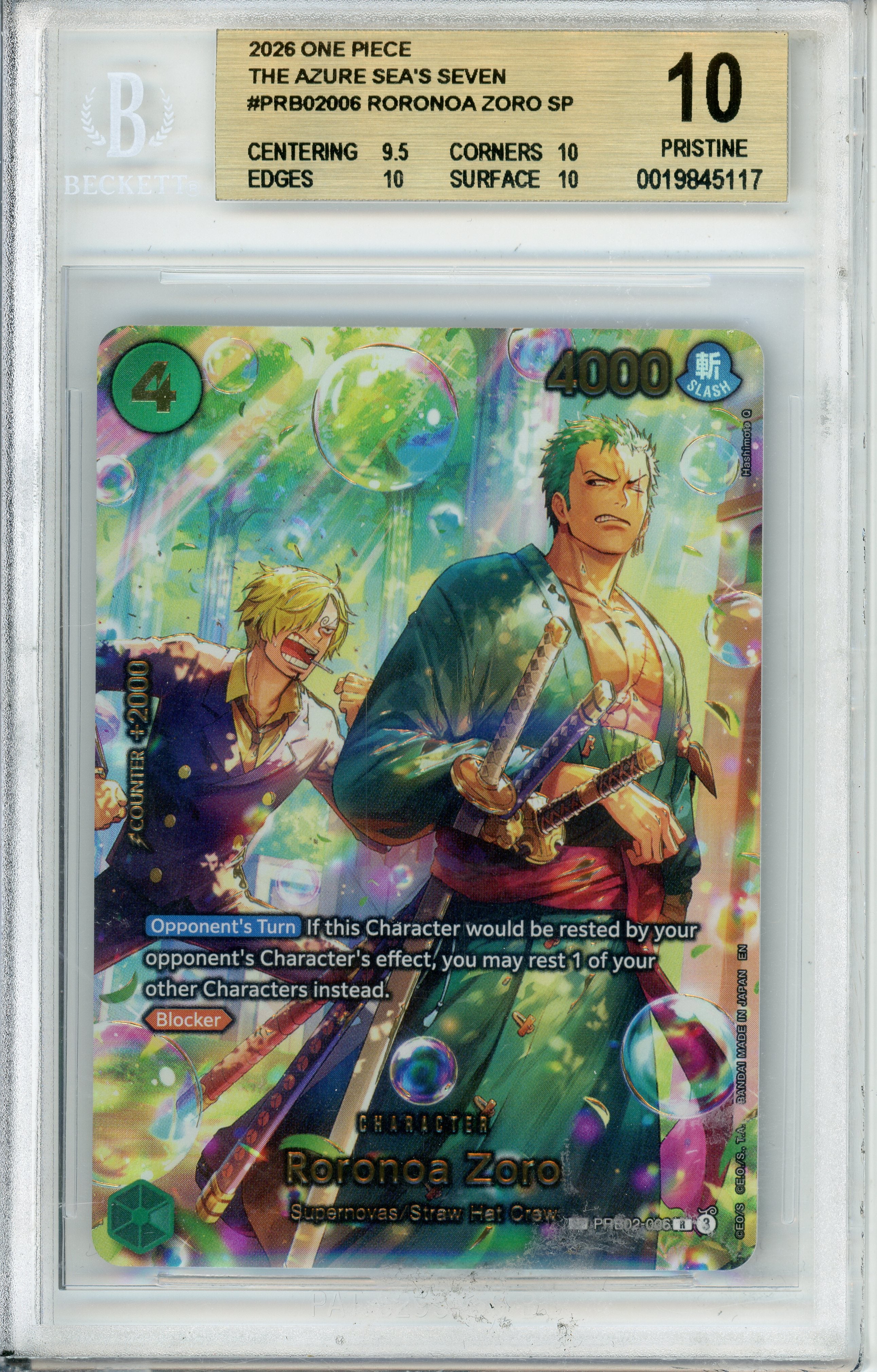 One Piece Graded: Roronoa Zoro PRB02-006 The Azure Sea's Seven