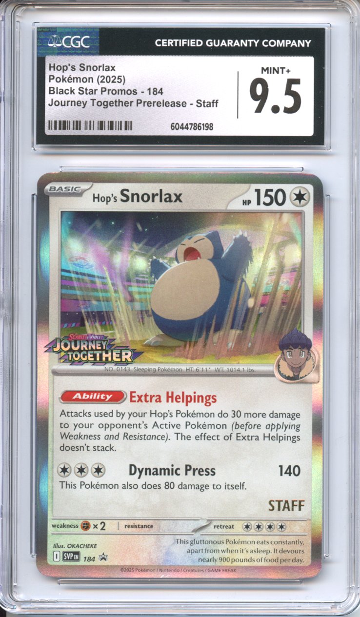 Pokemon Graded: Hop's Snorlax #184 Journey Together STAFF Prerelease Promo (2025) Holo CGC 9.5 Pokemon Graded: Hop's Snorlax #184 Journey Together STAFF Prerelease Promo (2025) Holo CGC 9.5