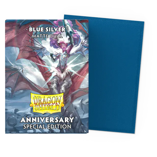 Supplies:   Dragon Shield Sleeves: Standard DUAL- Matte '25th Special Edition Blue Silver'