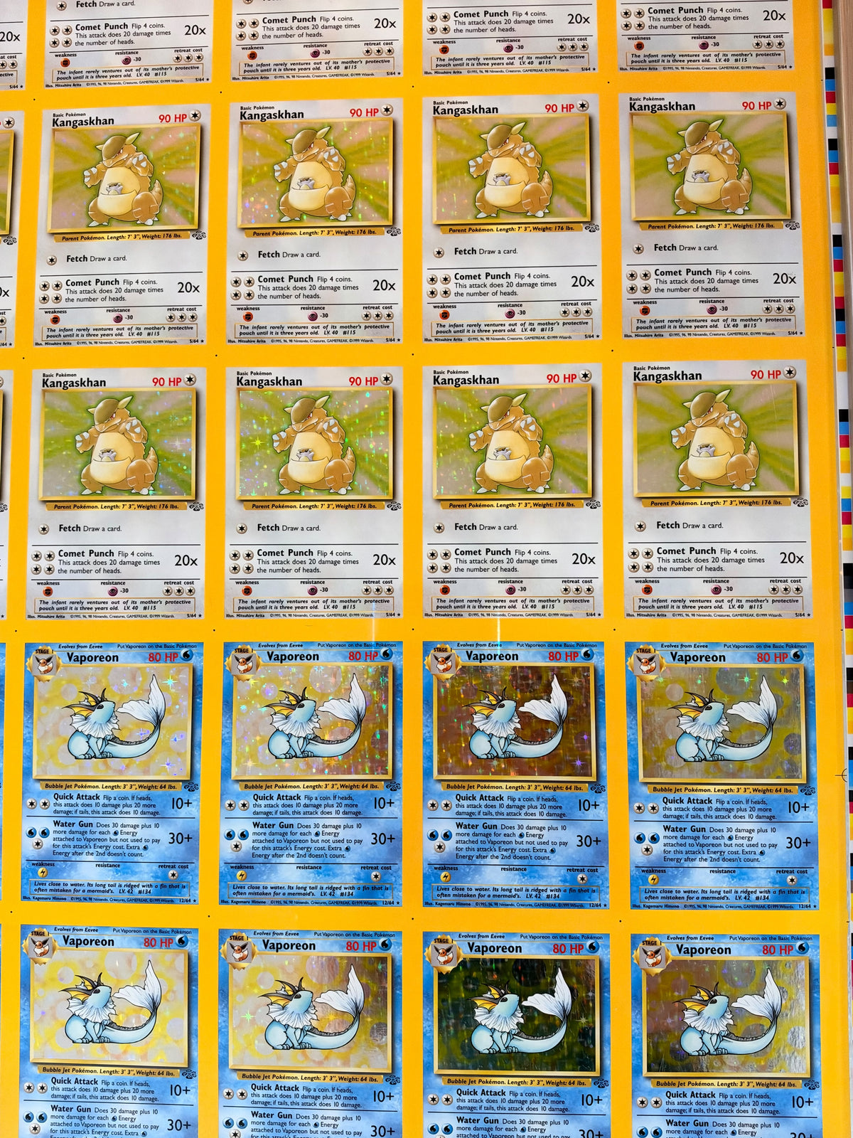 Pokemon: Uncut FOIL Sheet: Jungle: Kangaskhan and Vaporeon (Framed in museum glass!)