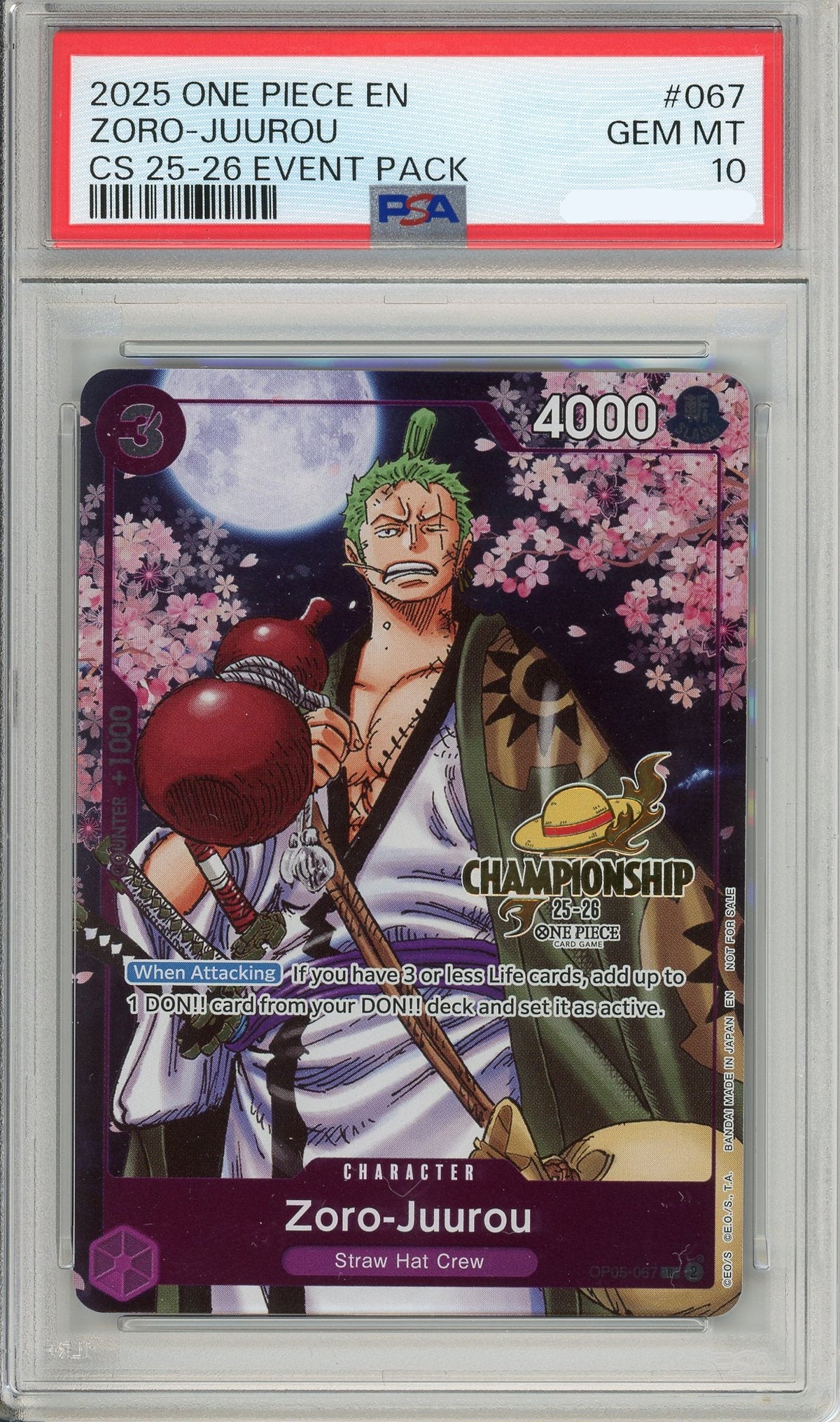 One Piece Graded: Zoro-Juurou OP05-067 Championship 25-26 Event Pack PSA 10