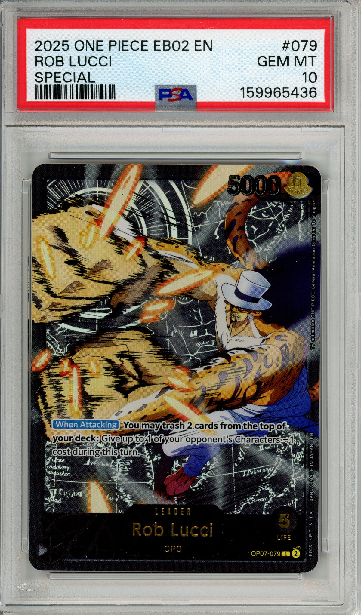 One Piece Graded: Rob Lucci OP07-079 Special Leader (2025) PSA 10