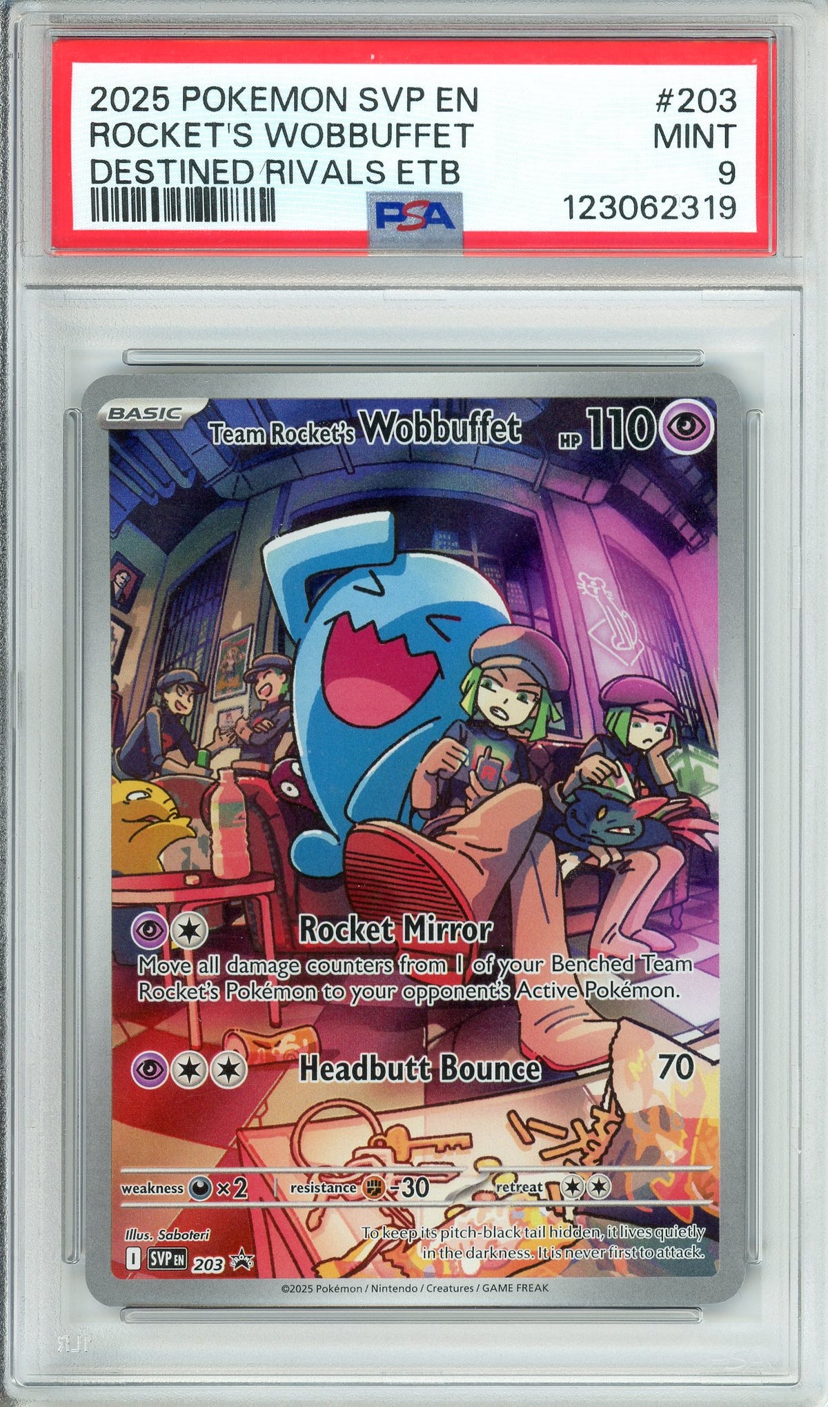 Pokemon Graded: Team Rocket's Wobbuffet #203 Destined Rivals ETB Promo (2025) Holo PSA 9