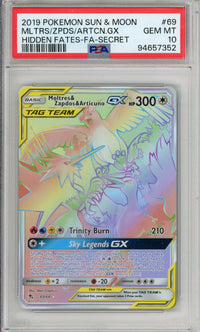Pokemon Graded: Moltres & Zapdos & Articuno GX 69/68 Hidden Fates (2019) Rainbow Holo PSA 10