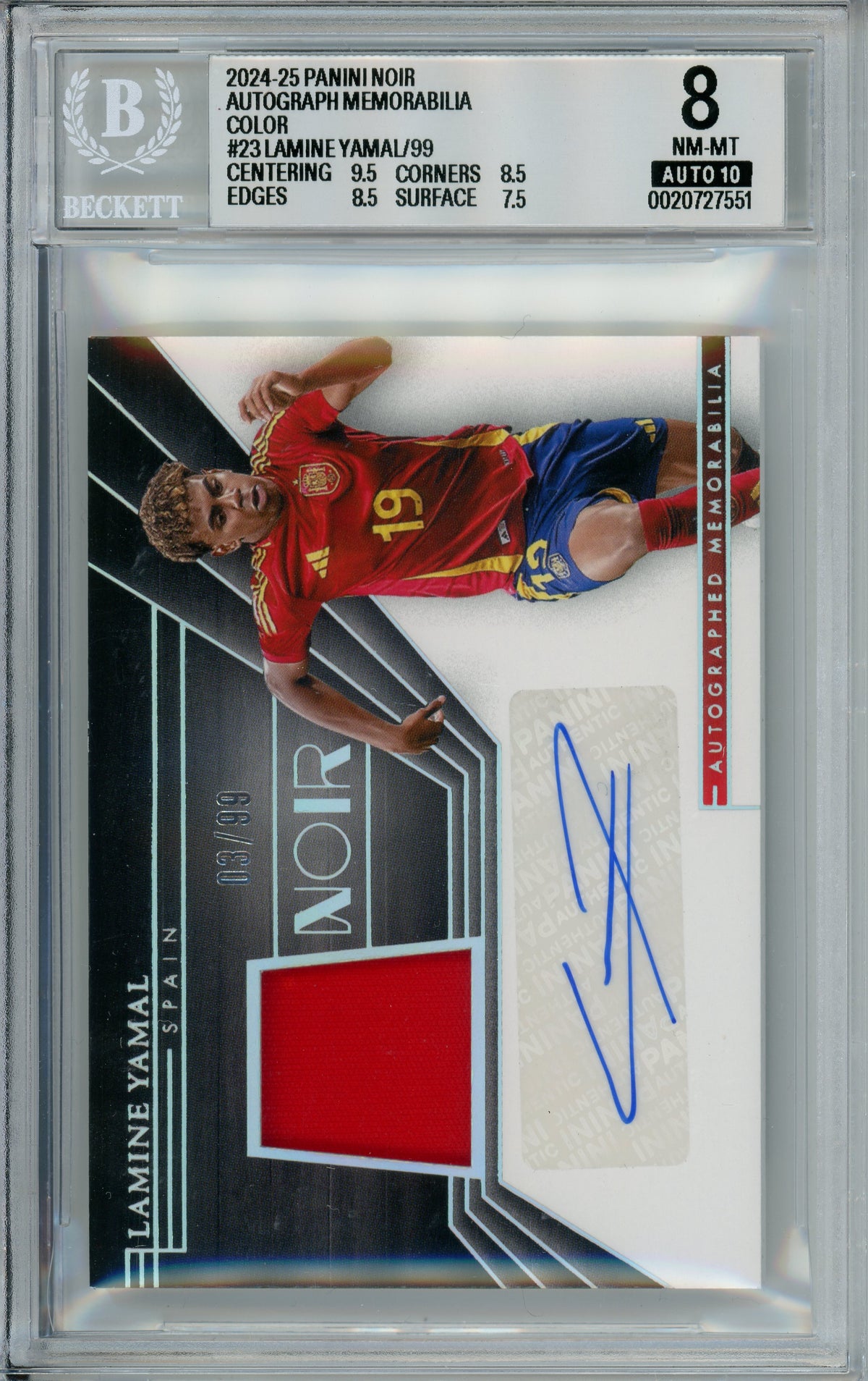Sports Graded: Lamine Yamal #23 Panini Noir Autograph (2024-25) Color Beckett 8