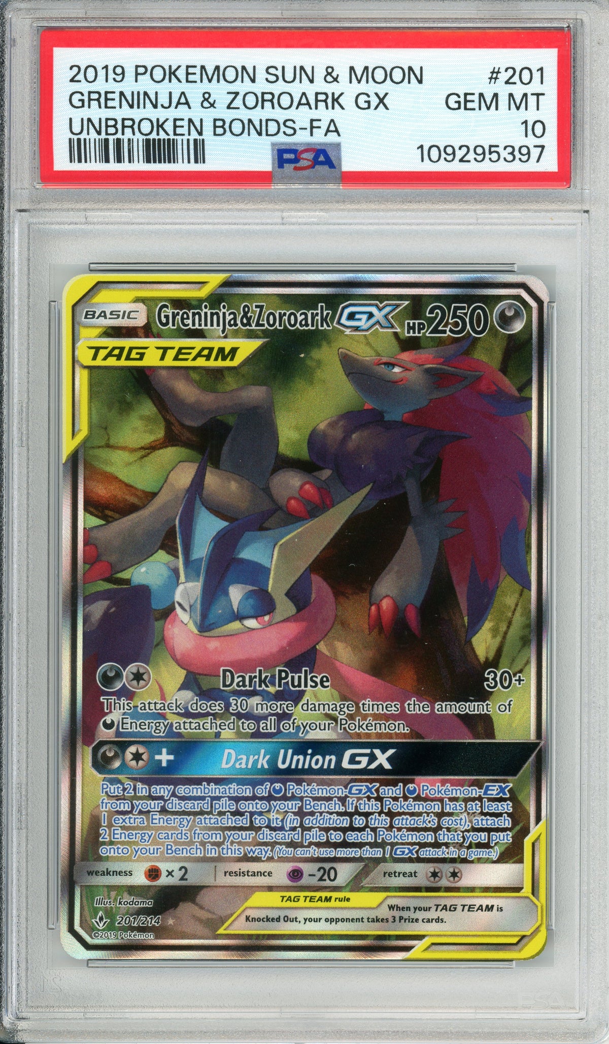 Pokemon Graded: Greninja & Zoroark GX 201/214 Unbroken Bonds (2019) Full Art PSA 10