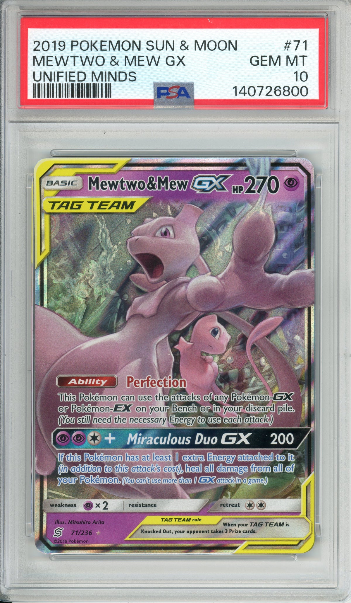 Pokemon Graded: Mewtwo & Mew GX 71/236 Unified Minds (2019) PSA 10