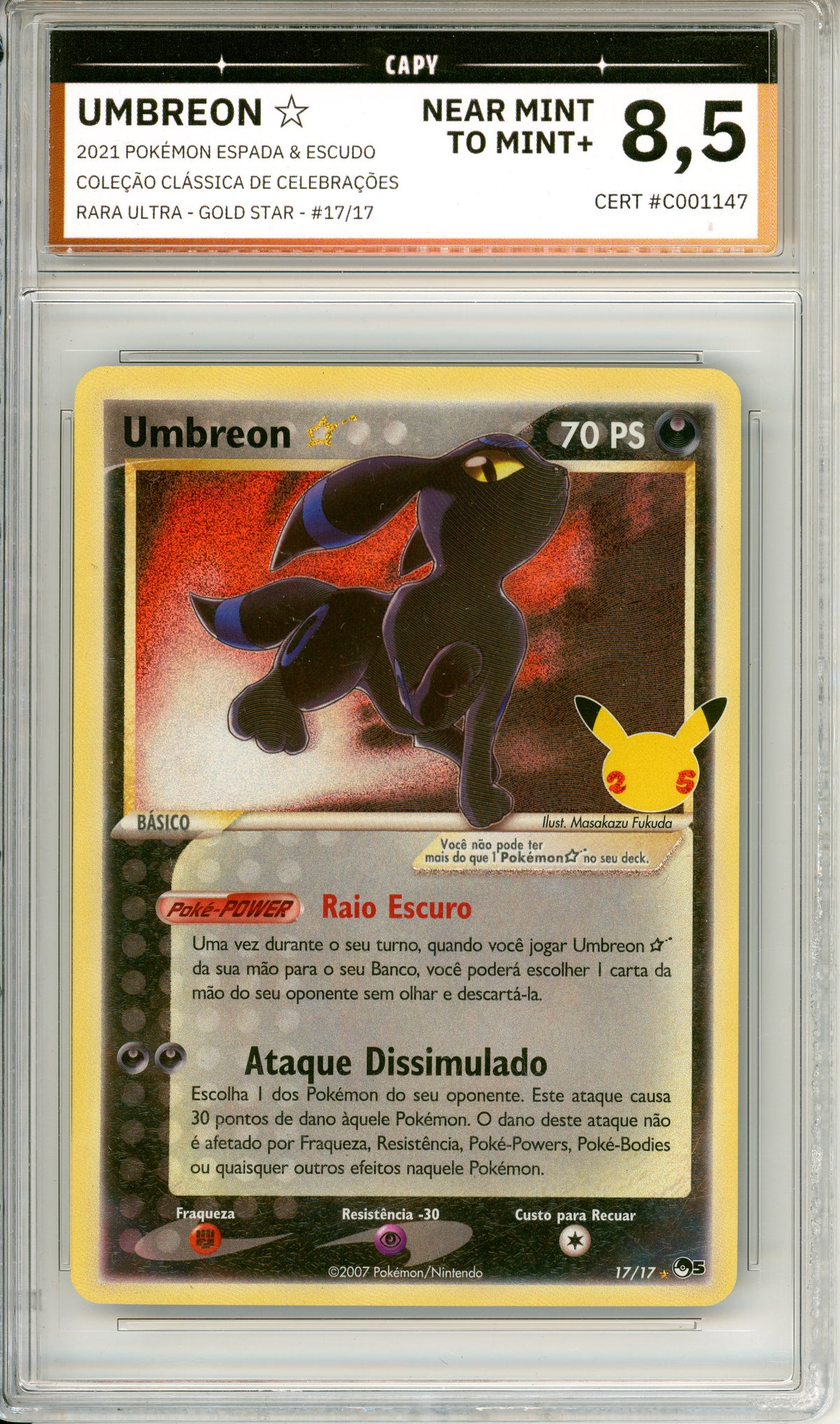 Pokemon Graded: Portuguese Umbreon Gold Star 17/17 Celebrations (2021) CAPY 8.5