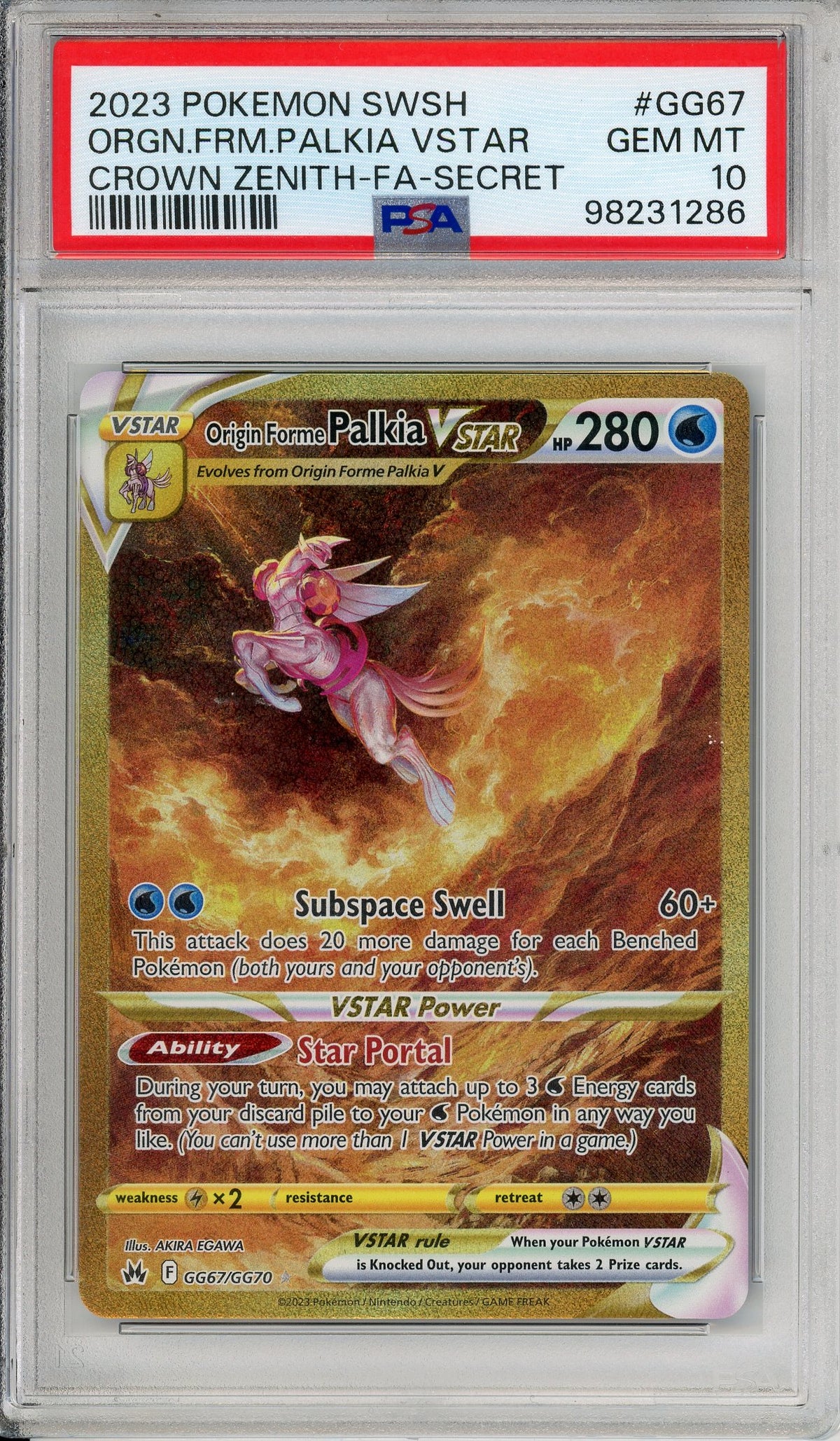 Pokemon Graded: Origin Forme Palkia VSTAR GG67/6670 Crown Zenith (2023) Gold Secret Rare PSA 10
