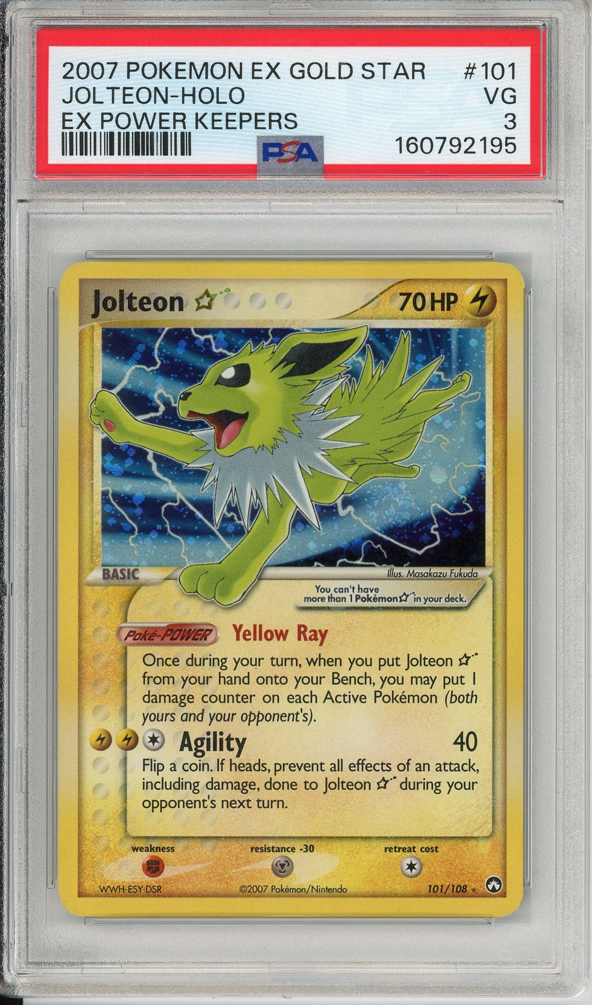 Pokemon Graded: Jolteon Gold Star 101/108 Power Keepers 2007 (HP) Holo PSA 3