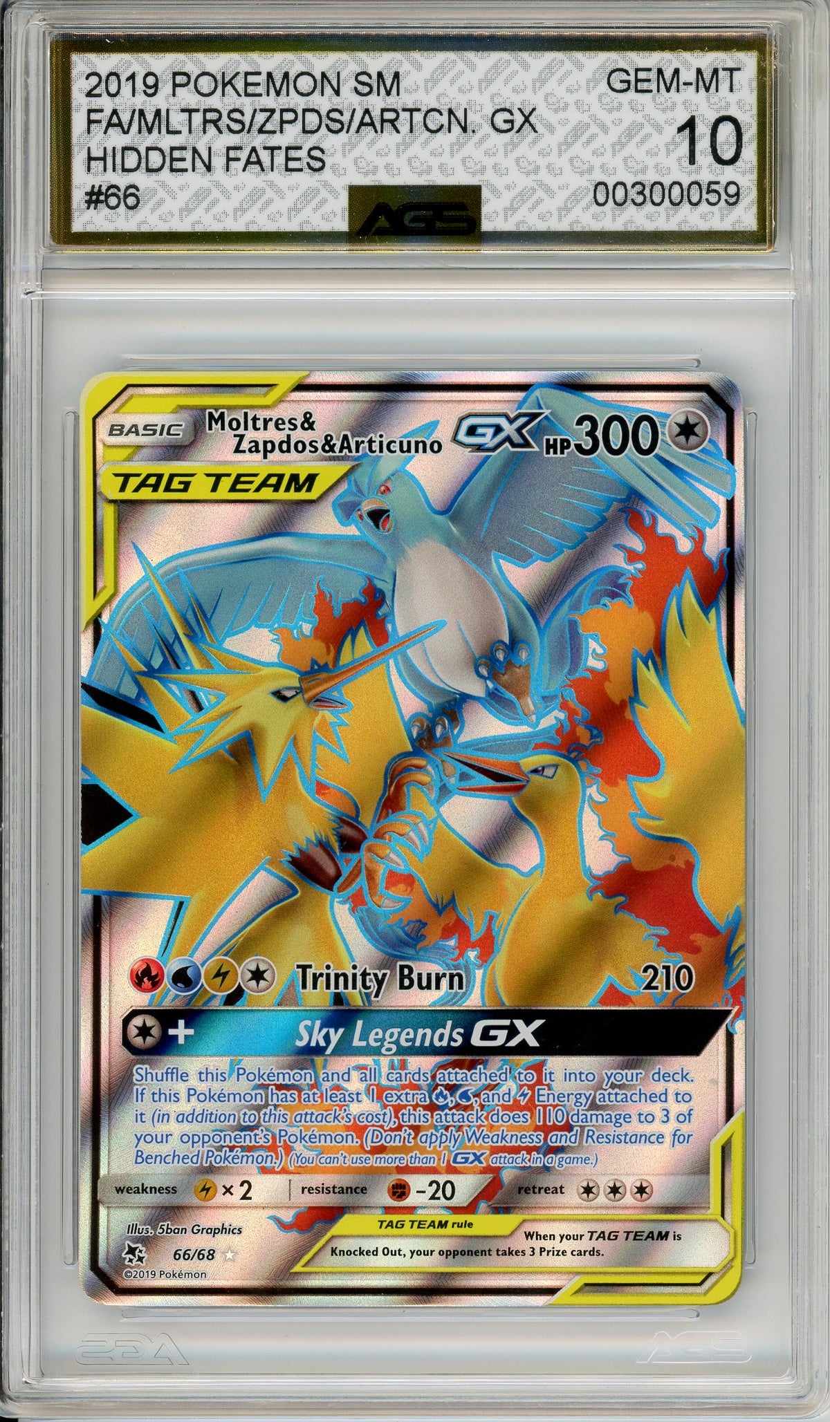 Pokemon Graded: Moltres & Zapdos & Articuno GX 66/68 Hidden Fates (2019) Full Art Holo AGS 10