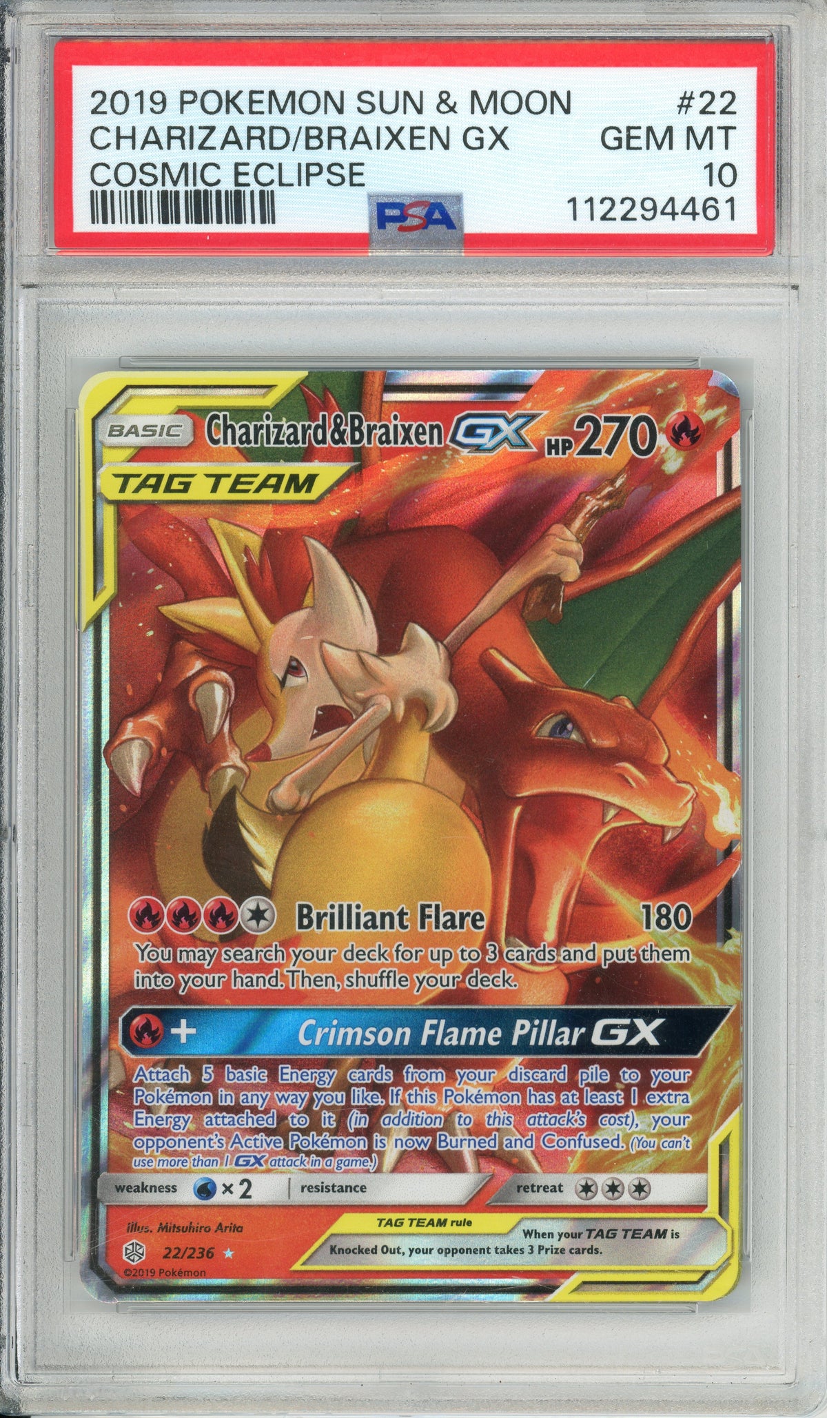 Pokemon Graded: Charizard & Braixen GX 22/236 Cosmic Eclipse (2019) Holo PSA 10