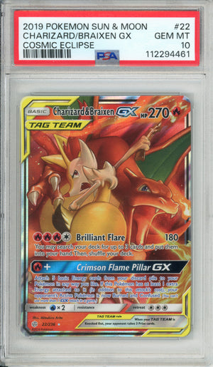 Pokemon Graded: Charizard & Braixen GX 22/236 Cosmic Eclipse (2019) Holo PSA 10