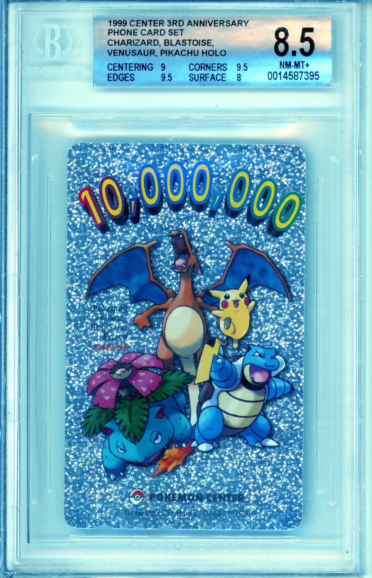 Pokemon Graded: Charizard, Blastoise, Venusaur, Pikachu Phone Card 3rd Anniversary Set (1999) Beckett 8.5