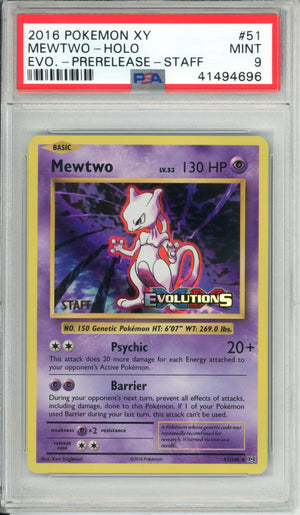 Pokemon Graded: Mewtwo 51/108 XY Evolutions Prerelease STAFF (2016) PSA 9