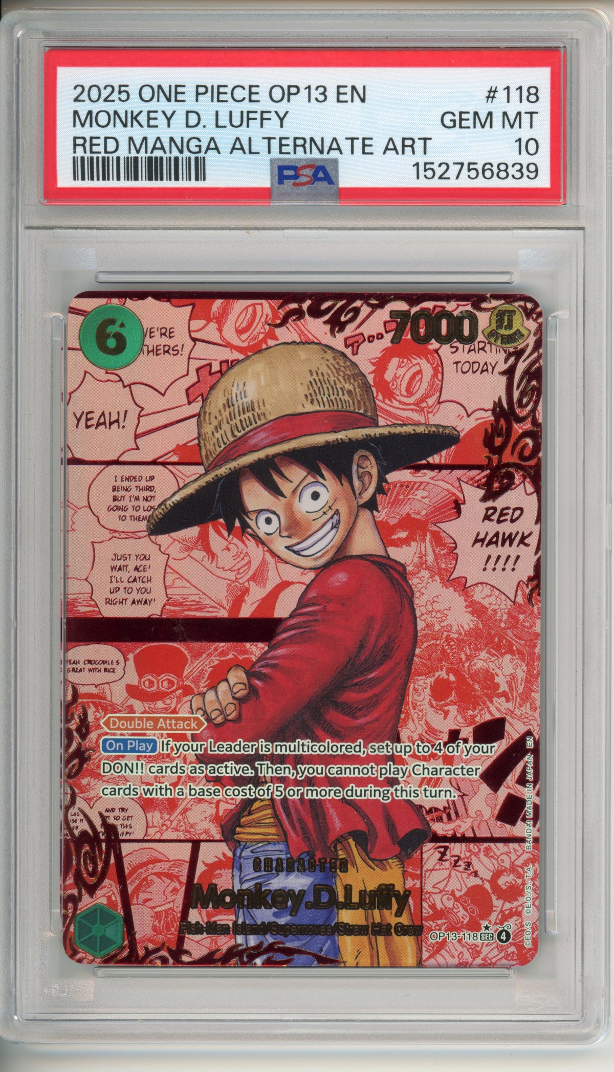 One Piece Graded: Monkey. D. Luffy (2025) OP13-118 Red Manga Alt Art PSA 10