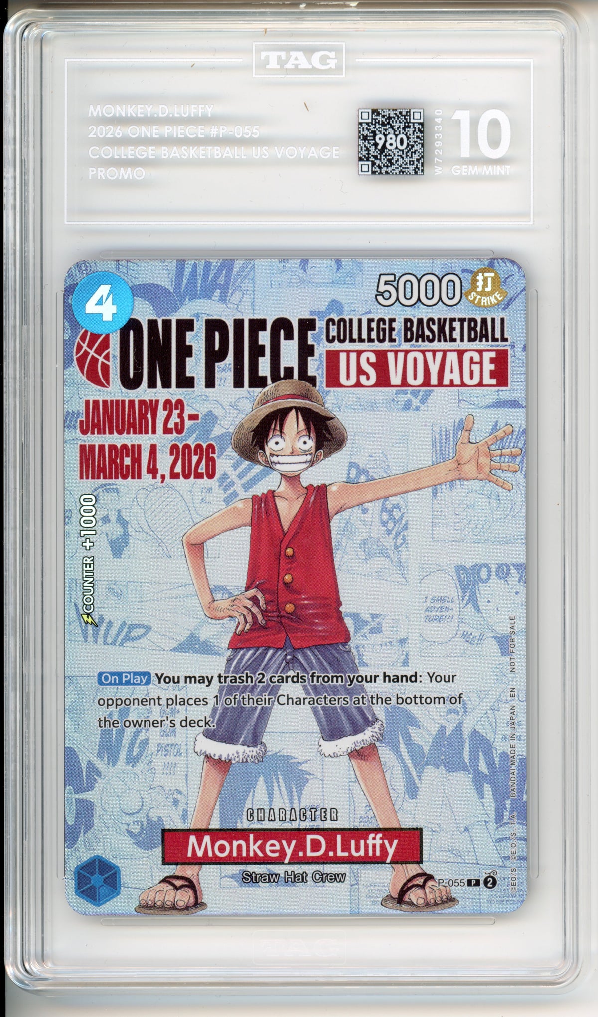 One Piece Graded: Monkey. D Luffy (2026) College Basketball US Voyage Tag 10