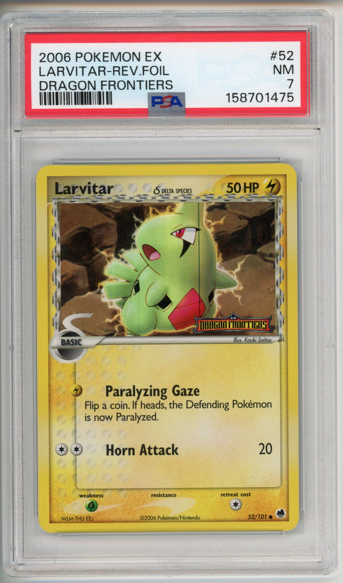 Pokemon Graded: Larvitar Rev Foil (2006) Dragon Frontiers Stamped PSA 7