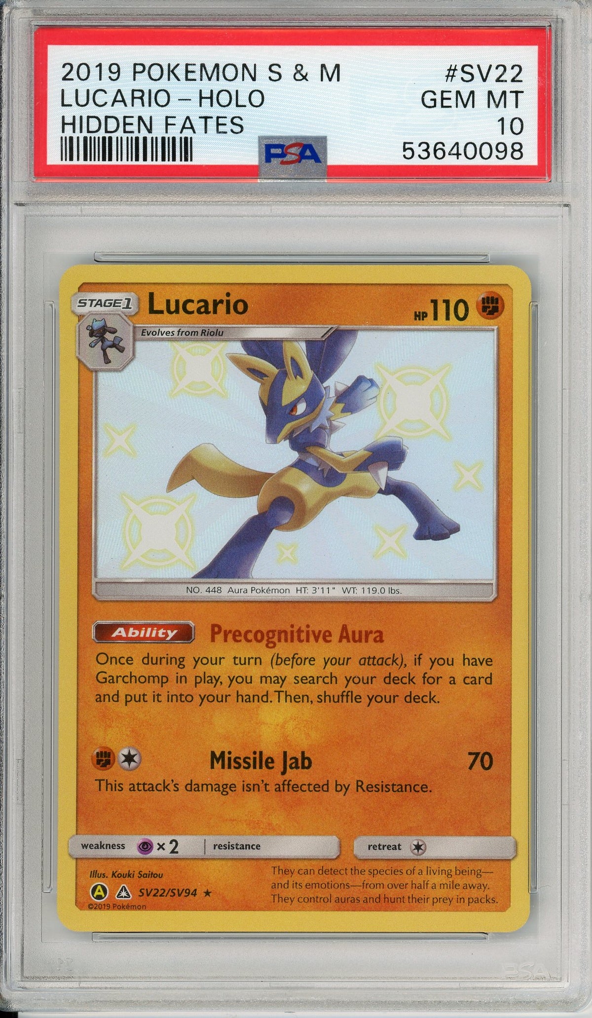 Pokemon Graded: Lucario SV22/SV94 Hidden Fates (2019) Shiny Holo PSA 10