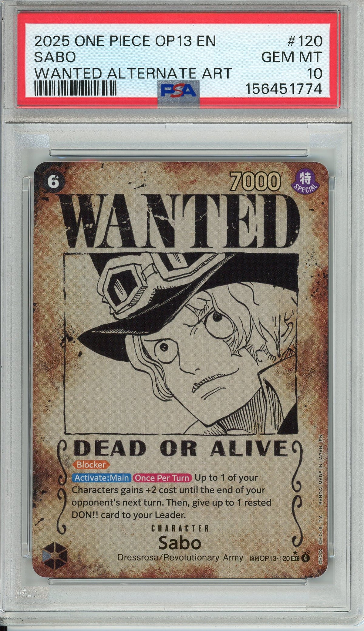 One Piece Graded: Sabo Wanted Poster OP13-120 Carrying On His Will PSA 10