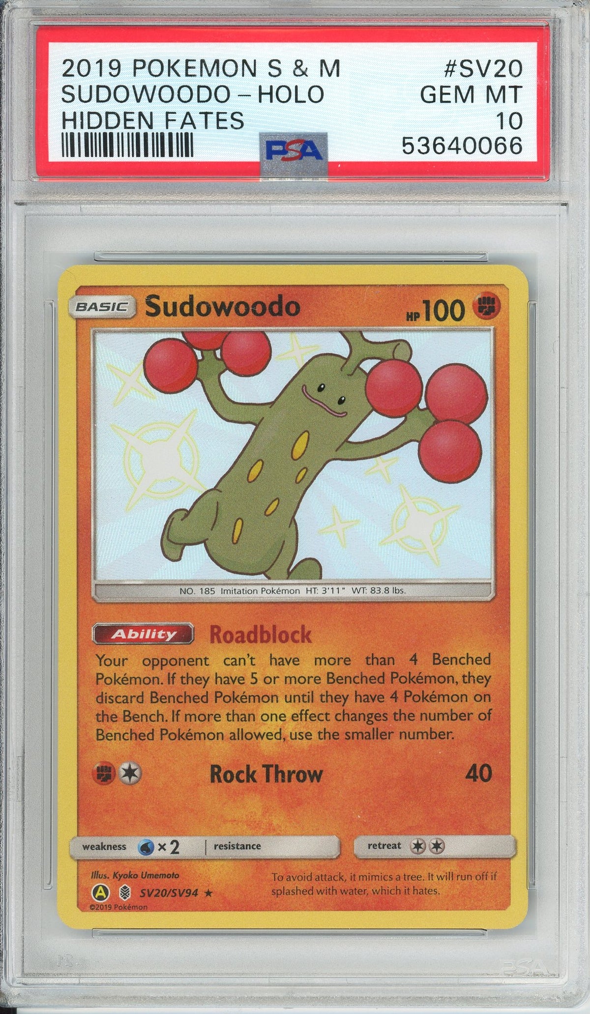 Pokemon Graded: Sudowoodo SV20/SV94 Hidden Fates (2019) Shiny Holo PSA 10