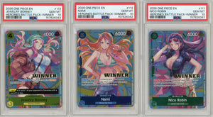 One Piece Graded: Nico Robin #111, Nami #112, Jewelry Bonney #113 Heroines Battle Pack Winner Set of 3 PSA 10