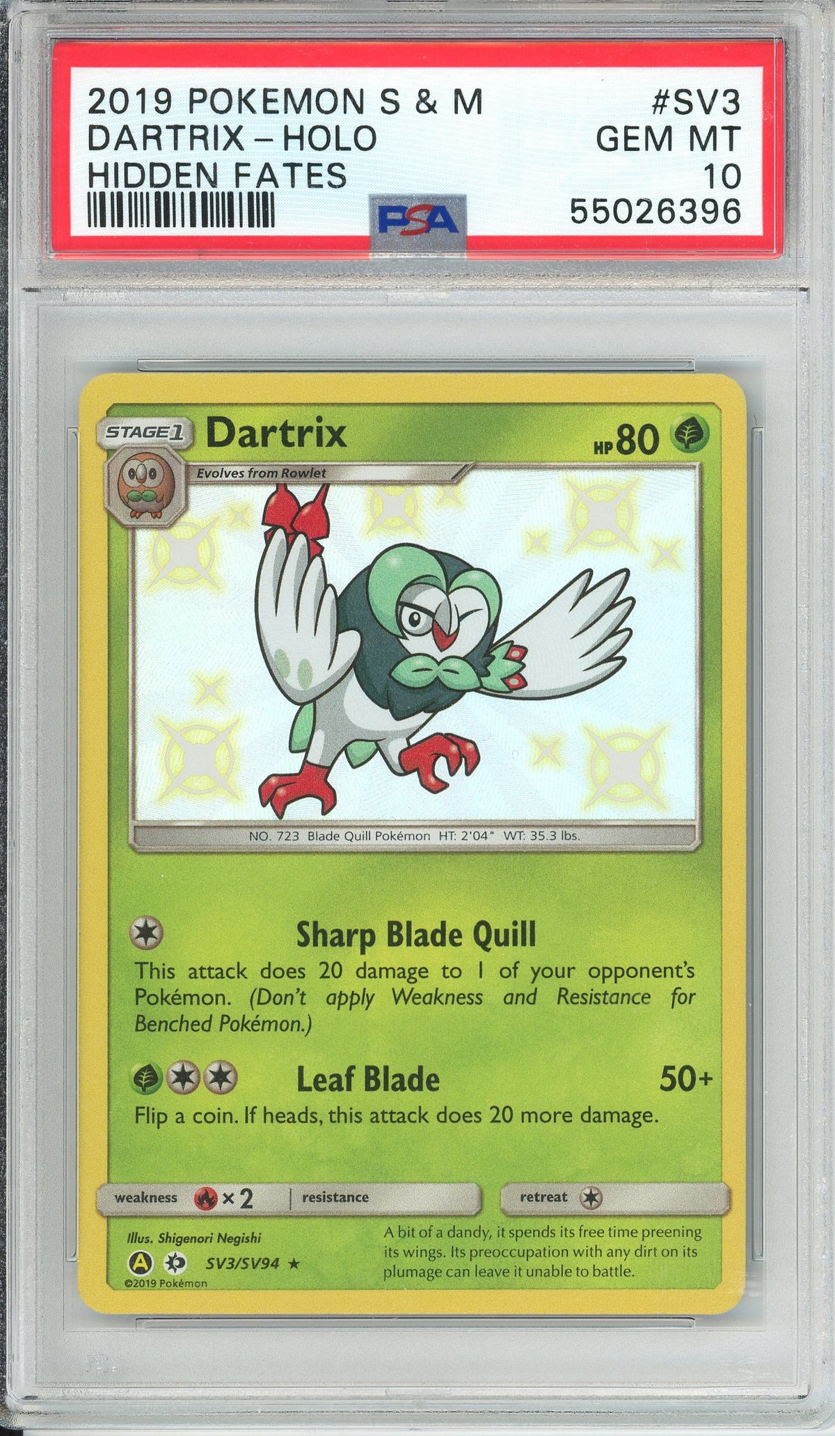 Pokemon Graded: Dartrix SV3/SV94 Hidden Fates (2019) Shiny Holo PSA 10