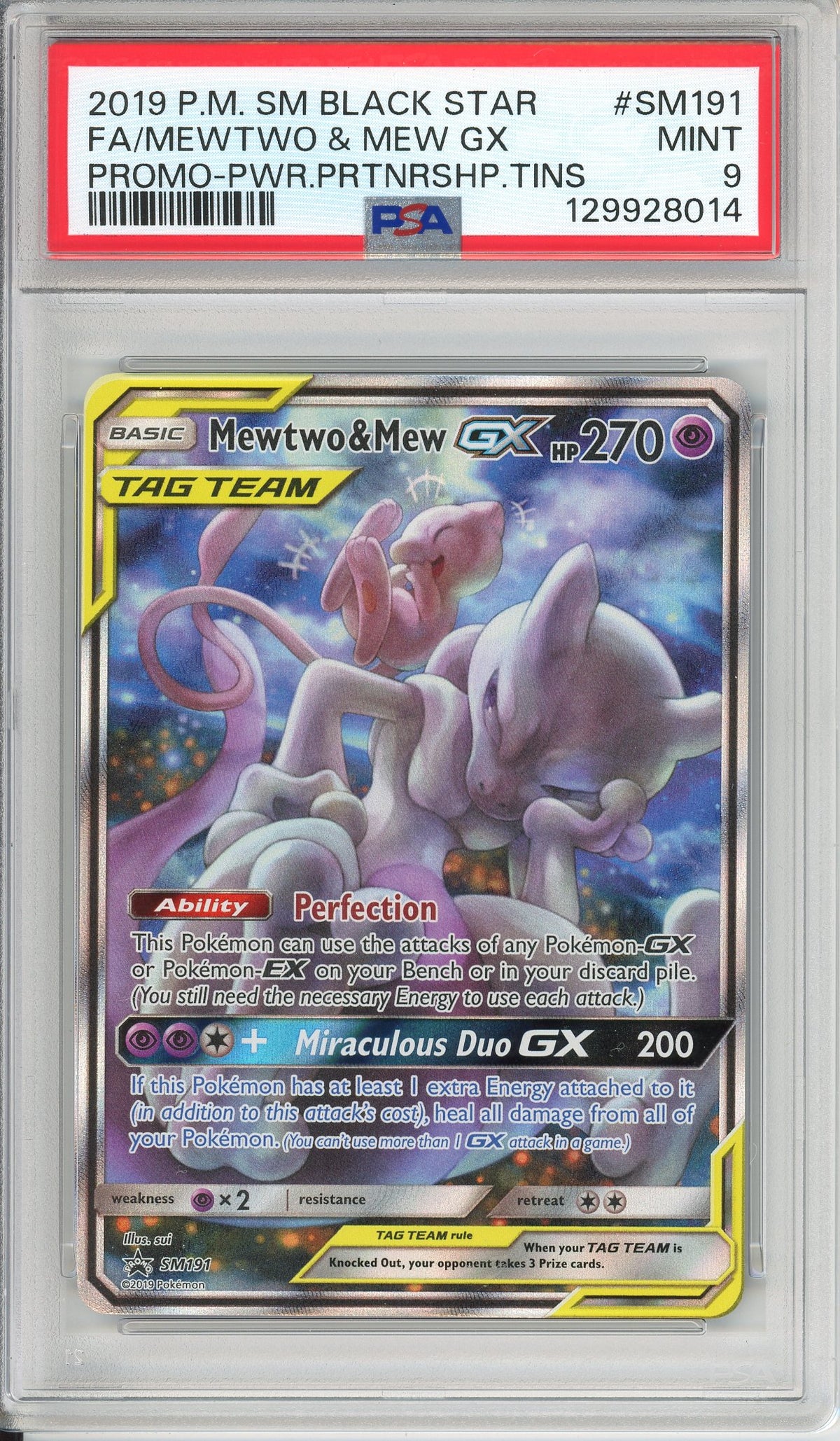 Pokemon Graded: Mewtwo & Mew GX #SM191 Power Partnership Tin Promo (2019) Holo PSA 9