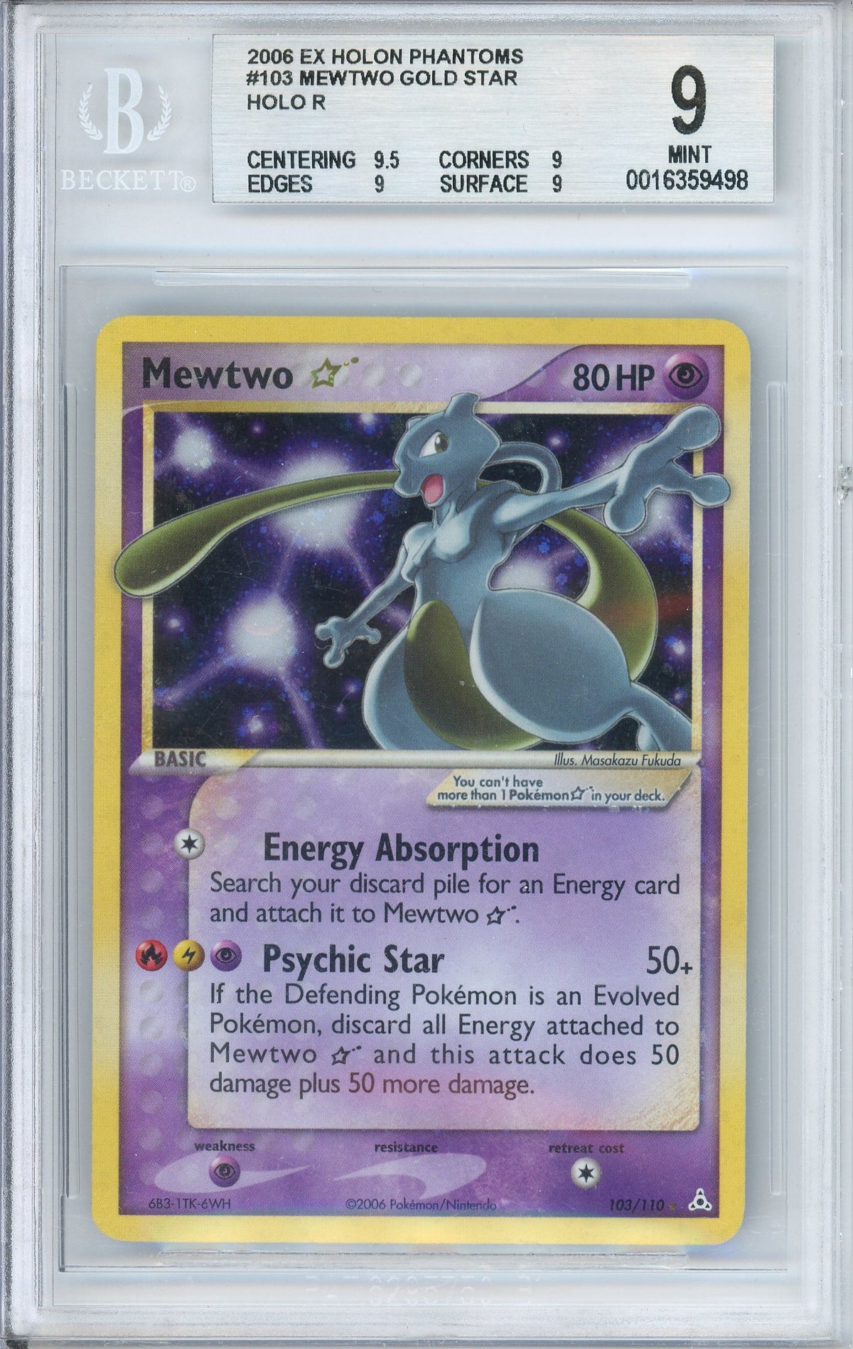 Pokemon Graded: Mewtwo Gold Star 103/110 Ex Holon Phantoms (2006) Holo Beckett 9
