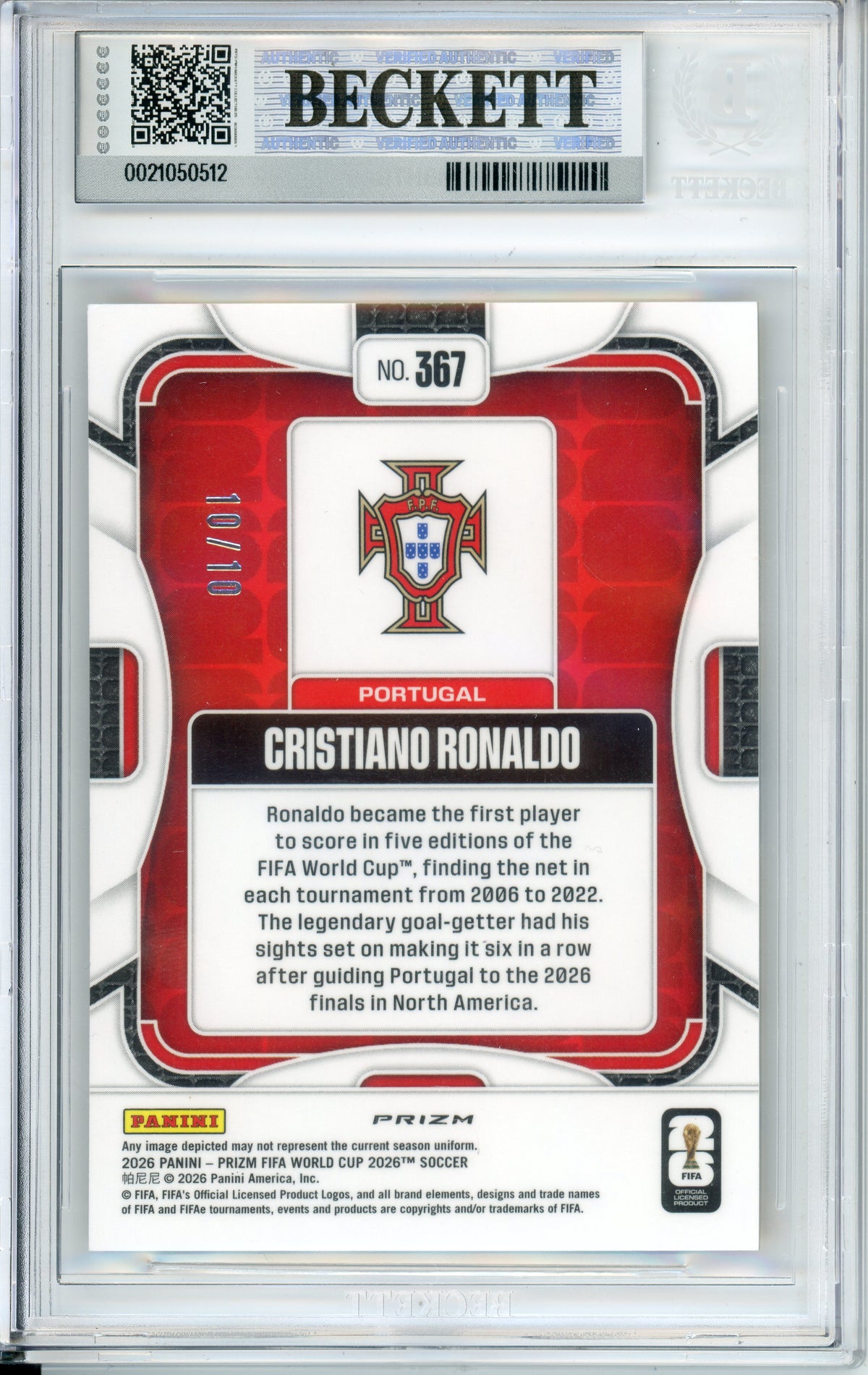 Sports Graded: Cristiano Ronaldo Portugal #267 Panini Prizm World Cup (2026) Beckett 9