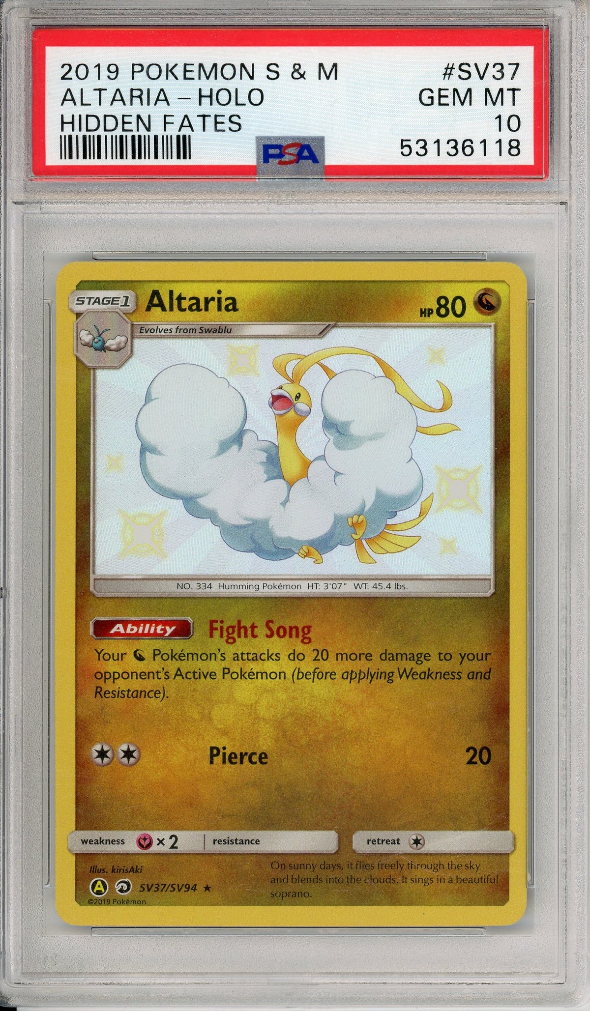 Pokemon Graded: Alteria SV37/SV94 Hidden Fates (2019) Shiny Holo PSA 10