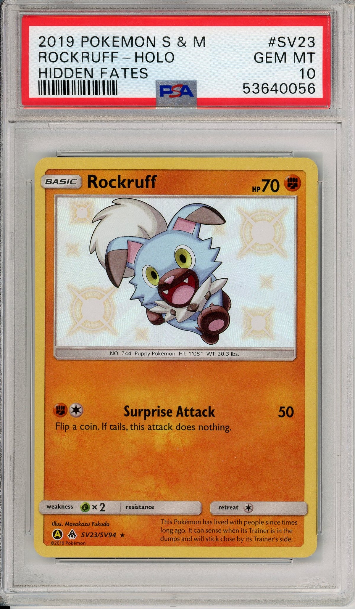 Pokemon Graded: Rockruff SV23/SV94 Hidden Fates (2019) Shiny Holo PSA 10