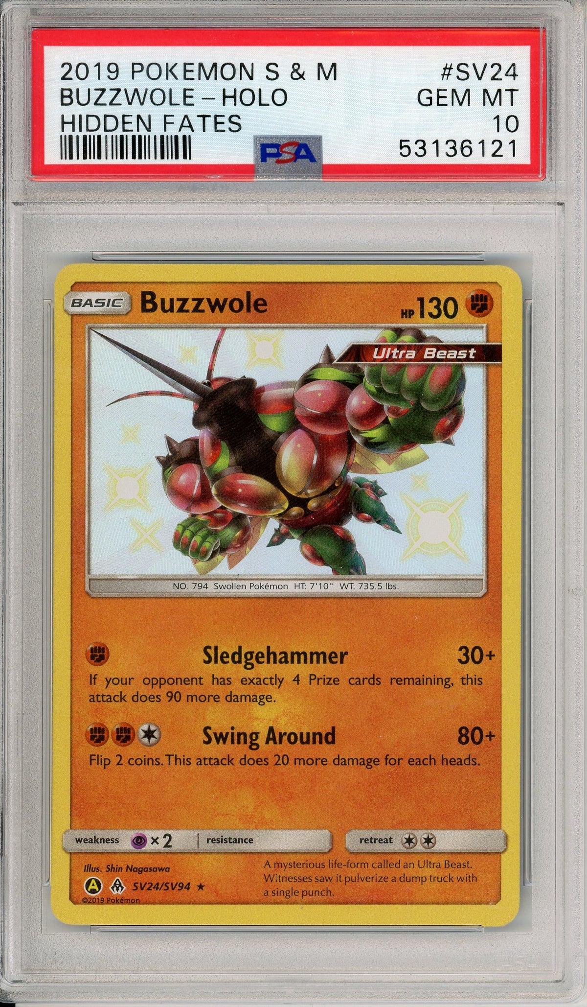 Pokemon Graded: Buzzwole SV24/SV94 Hidden Fates (2019) Shiny Holo PSA 10