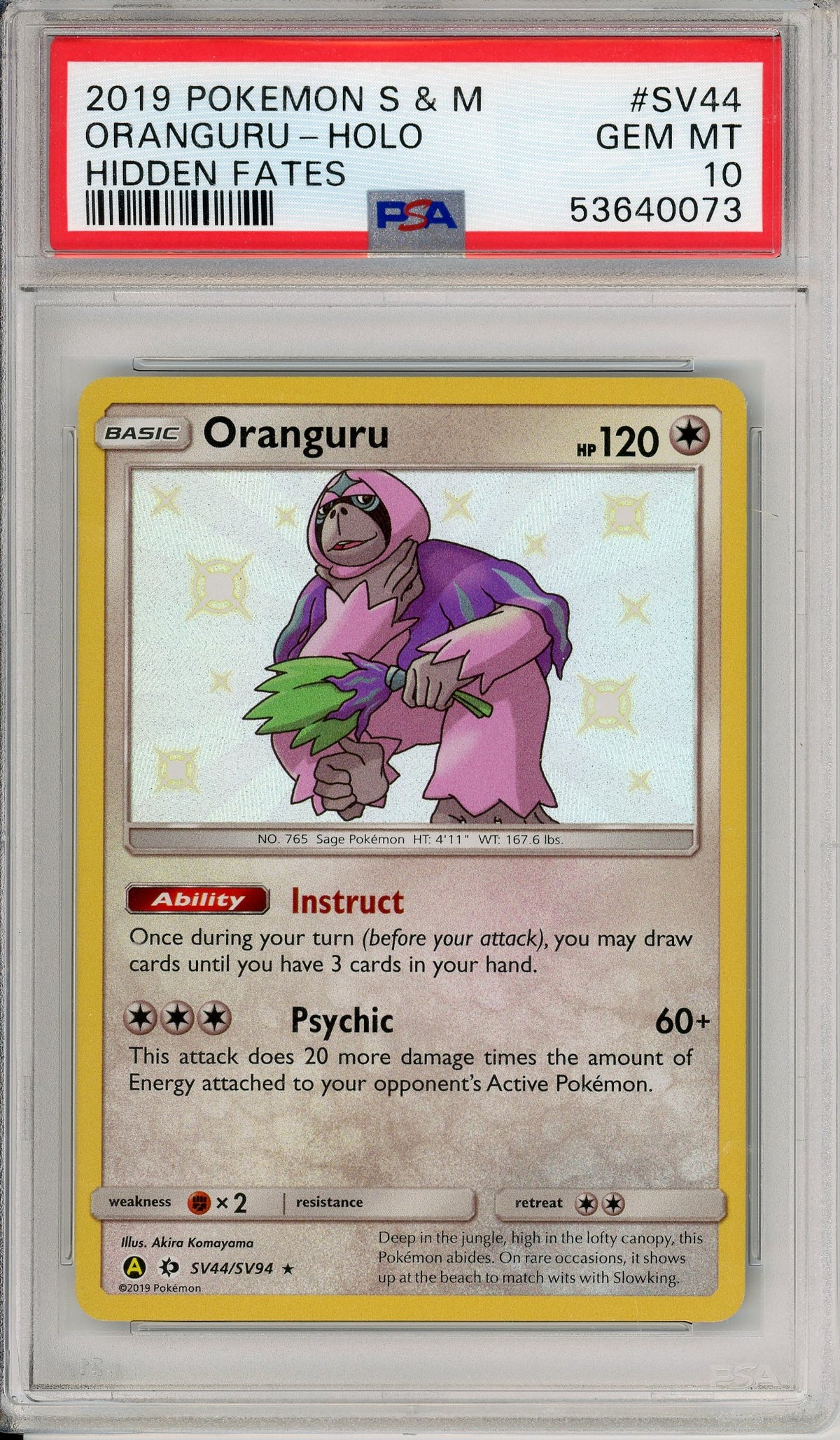 Pokemon Graded: Oranguru SV44/SV94 Hidden Fates (2019) Shiny Holo PSA 10