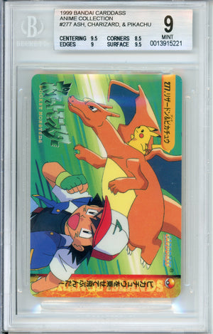 Pokemon graded: Ash, Charizard, & Pikachu #277 Bandai Carddass (1999) Beckett 9