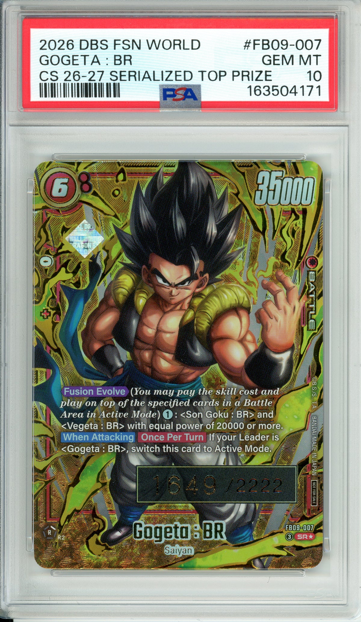 Dragon Ball Graded: Gogeta: BR Serialized Top Prize #FB09-007 (2026) PSA 10