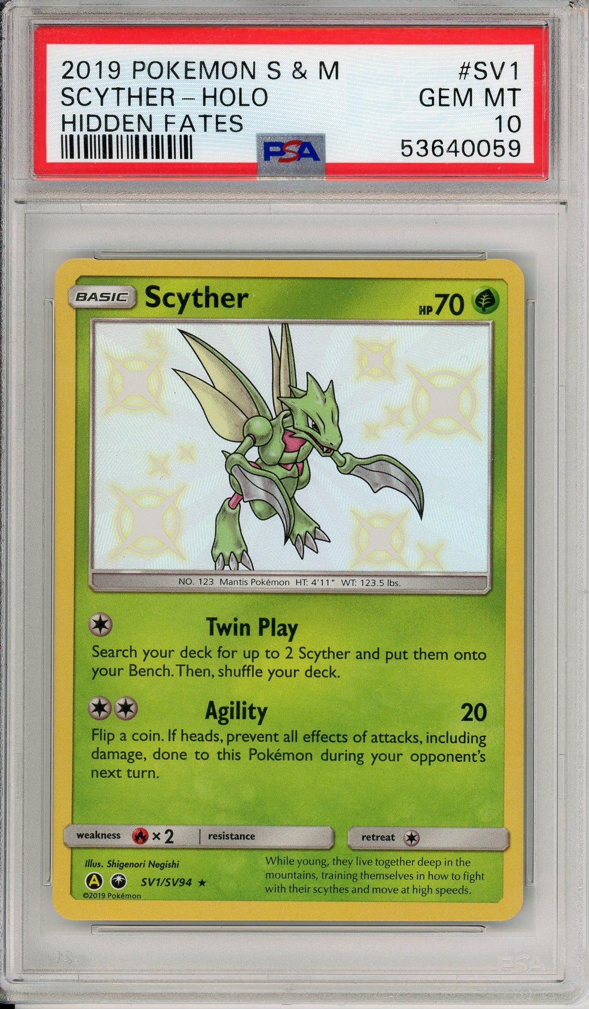 Pokemon Graded: Scyther SV1/SV94 Hidden Fates (2019) Shiny Holo PSA 10