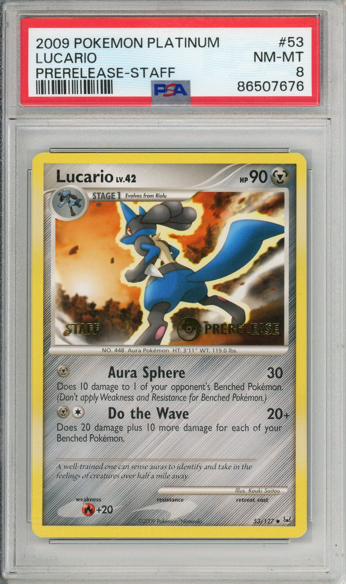 Pokemon Graded: Lucario LV. 42 Platinum Prerelease Staff (2009) PSA 8