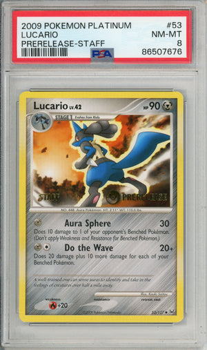 Pokemon Graded: Lucario LV. 42 Platinum Prerelease Staff (2009) PSA 8