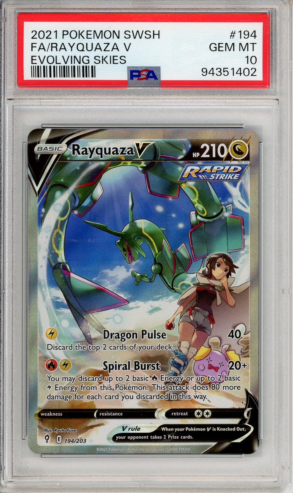 Pokemon Graded: Rayquaza V 194/203 Evolving Skies (2021) Full Art Holo PSA 10