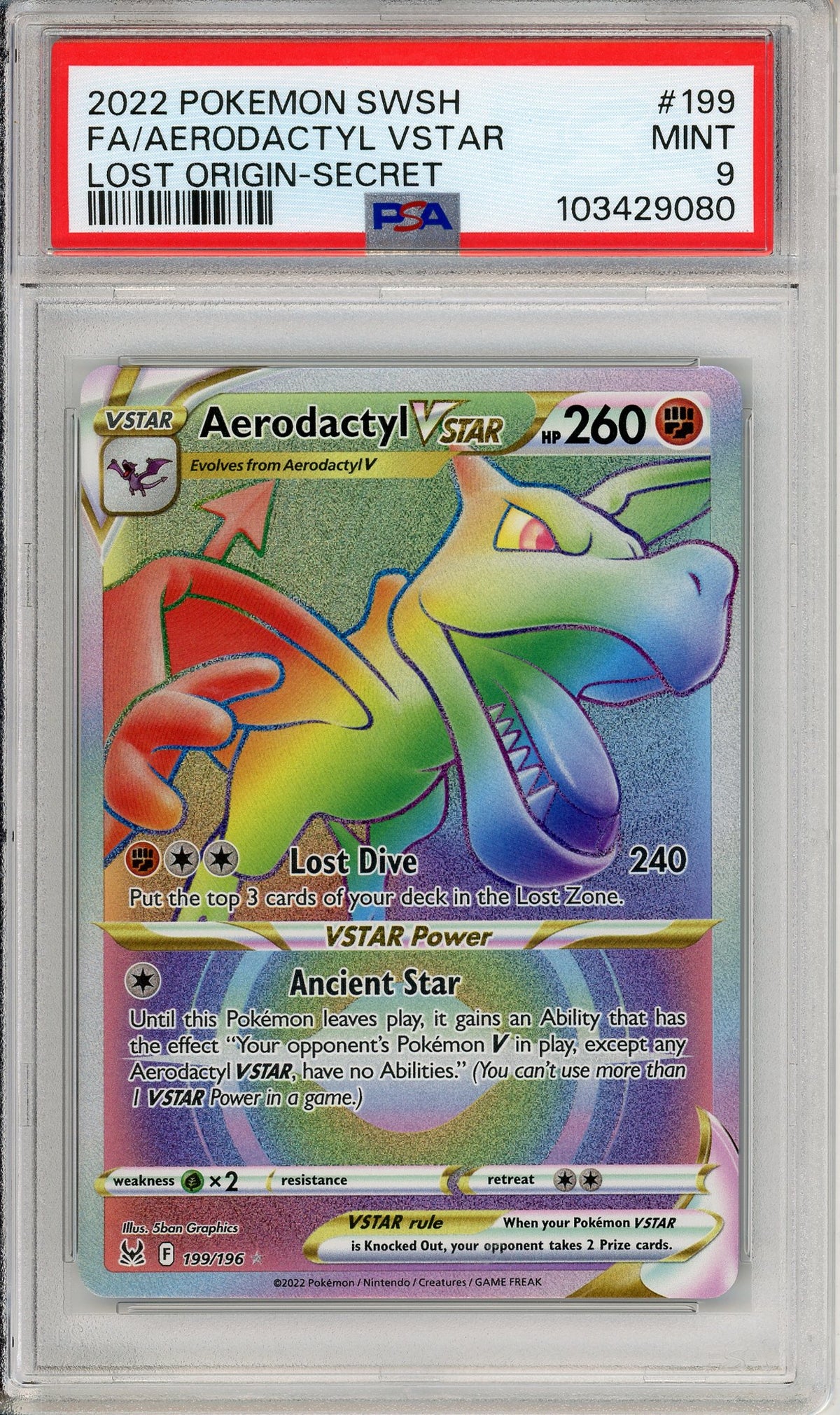 Pokemon Graded: Aerodactyl VSTAR 199/196 Lost Origin (2022) Rainbow Secret Rare PSA 9