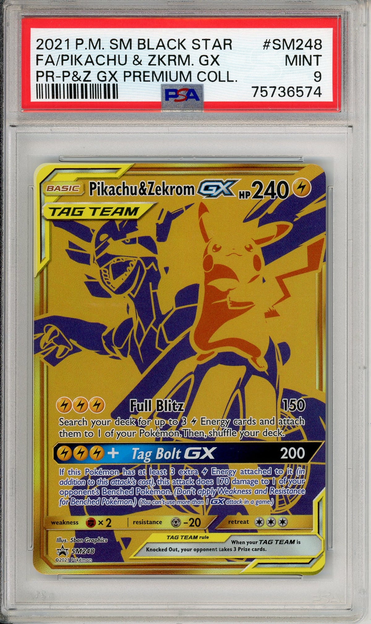 Pokemon Graded: Pikachu & Zekrom GX #SM248 Premium Collection Promo (2021) Gold Holo PSA 9