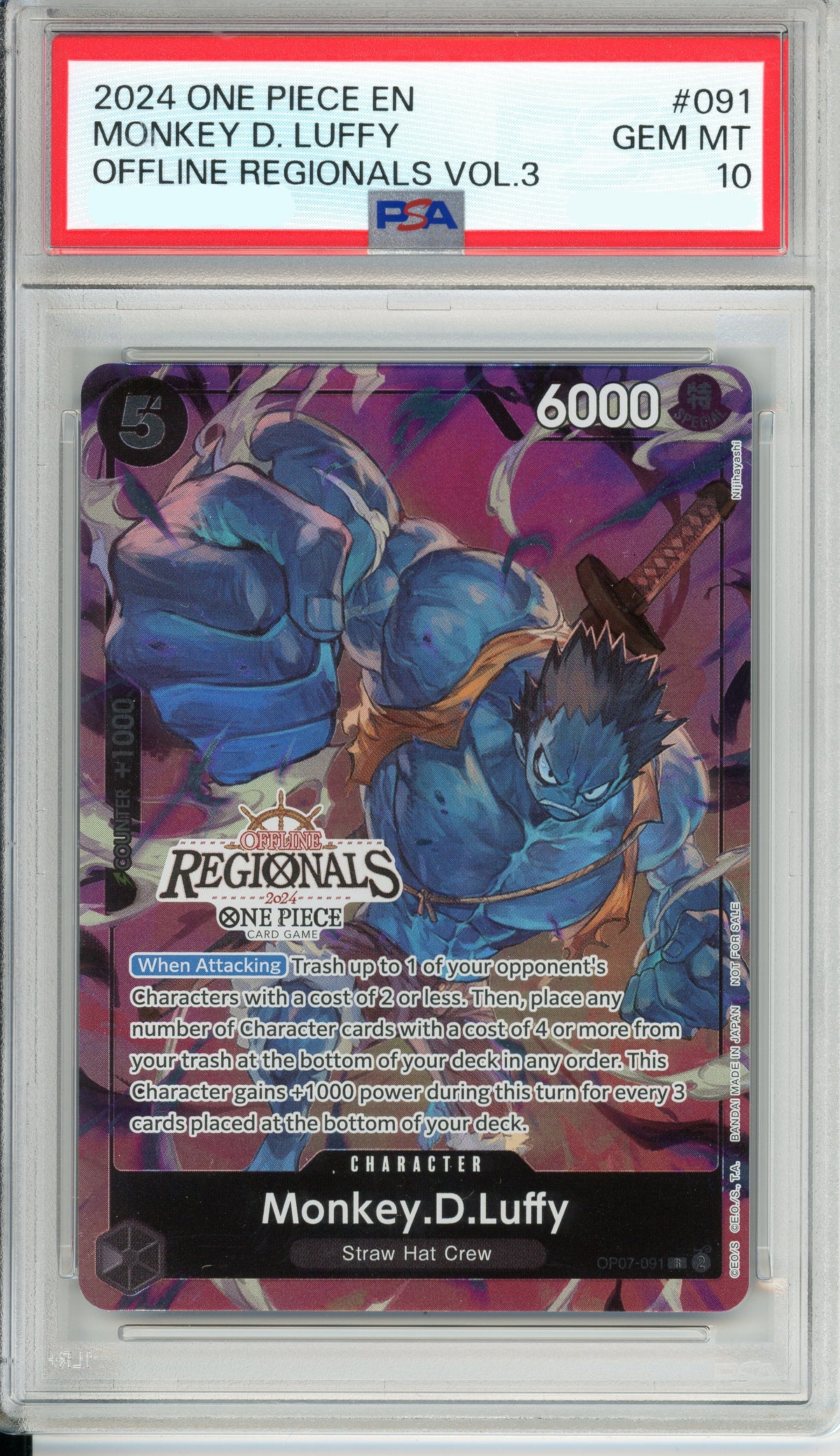 One Piece Graded: Monkey. D. Luffy OP07-091 Offline Regionals 2024 PSA 10