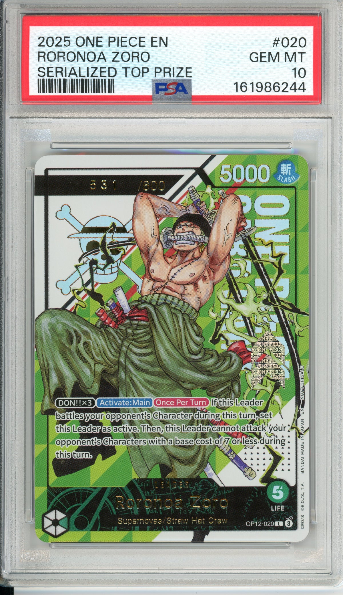 One Piece Graded: Roronoa Zoro 2025 #20 Serialized Top Prize