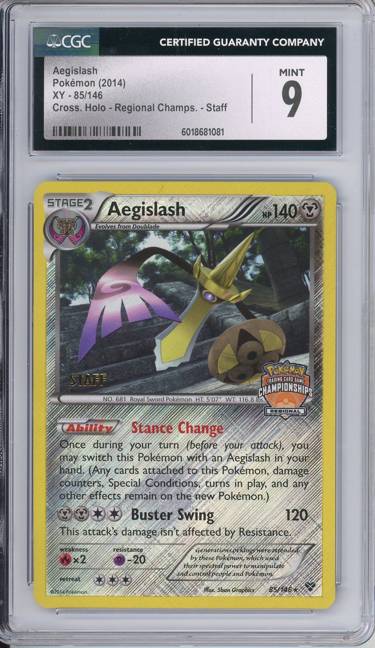 Pokemon Graded: Aegislash 85/146 XY Regional Championship STAFF Holo CGC 9