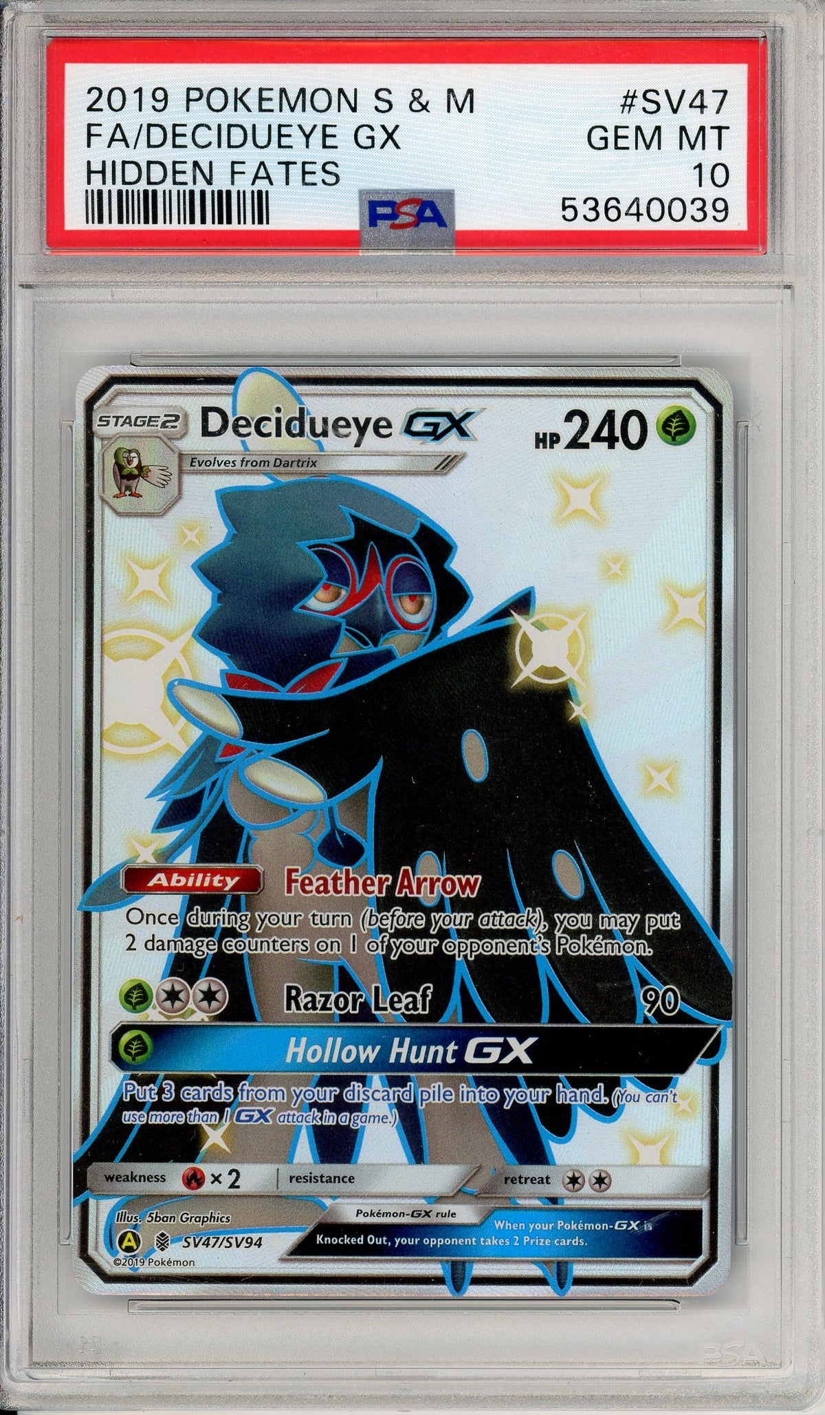 Pokemon Graded: Decidueye GX SV47/SV94 Hidden Fates (2019) Full Art PSA 10