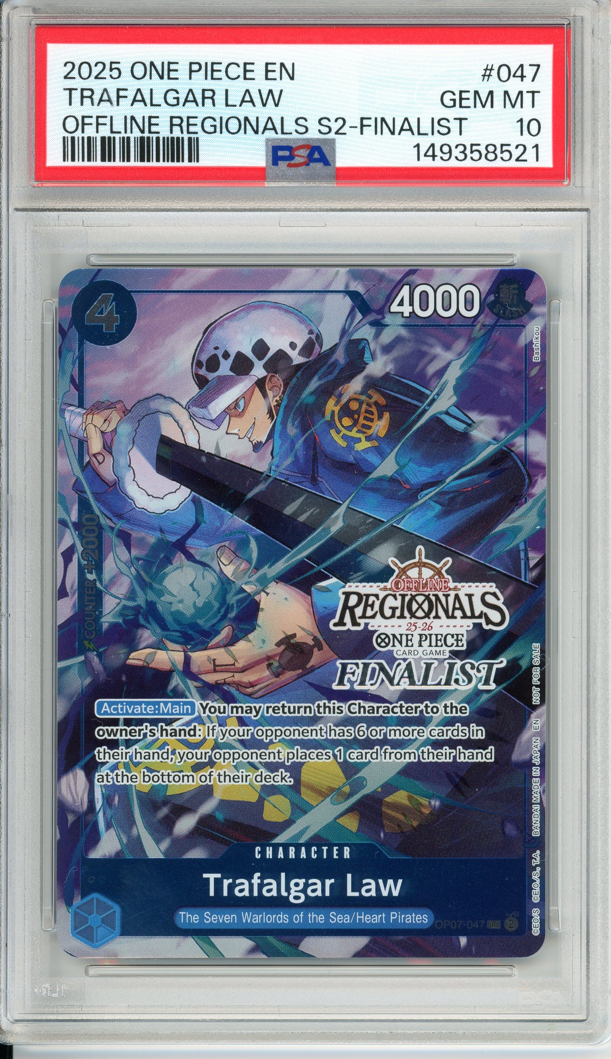 One Piece Graded: Trafalgar Law OP07-047 Offline Regionals Finalist PSA 10