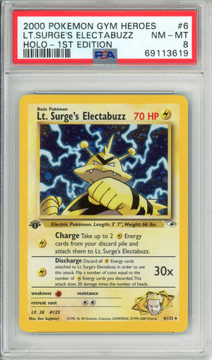 Pokemon Graded: Lt. Surge's Electabuzz 1st Edition 6/132 Gym Heroes (2000) Holo PSA 8
