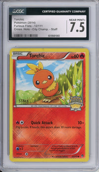 Pokemon Graded: Torchic 12/111 Furious Fists City Championships STAFF Cross Holo CGC 7.5