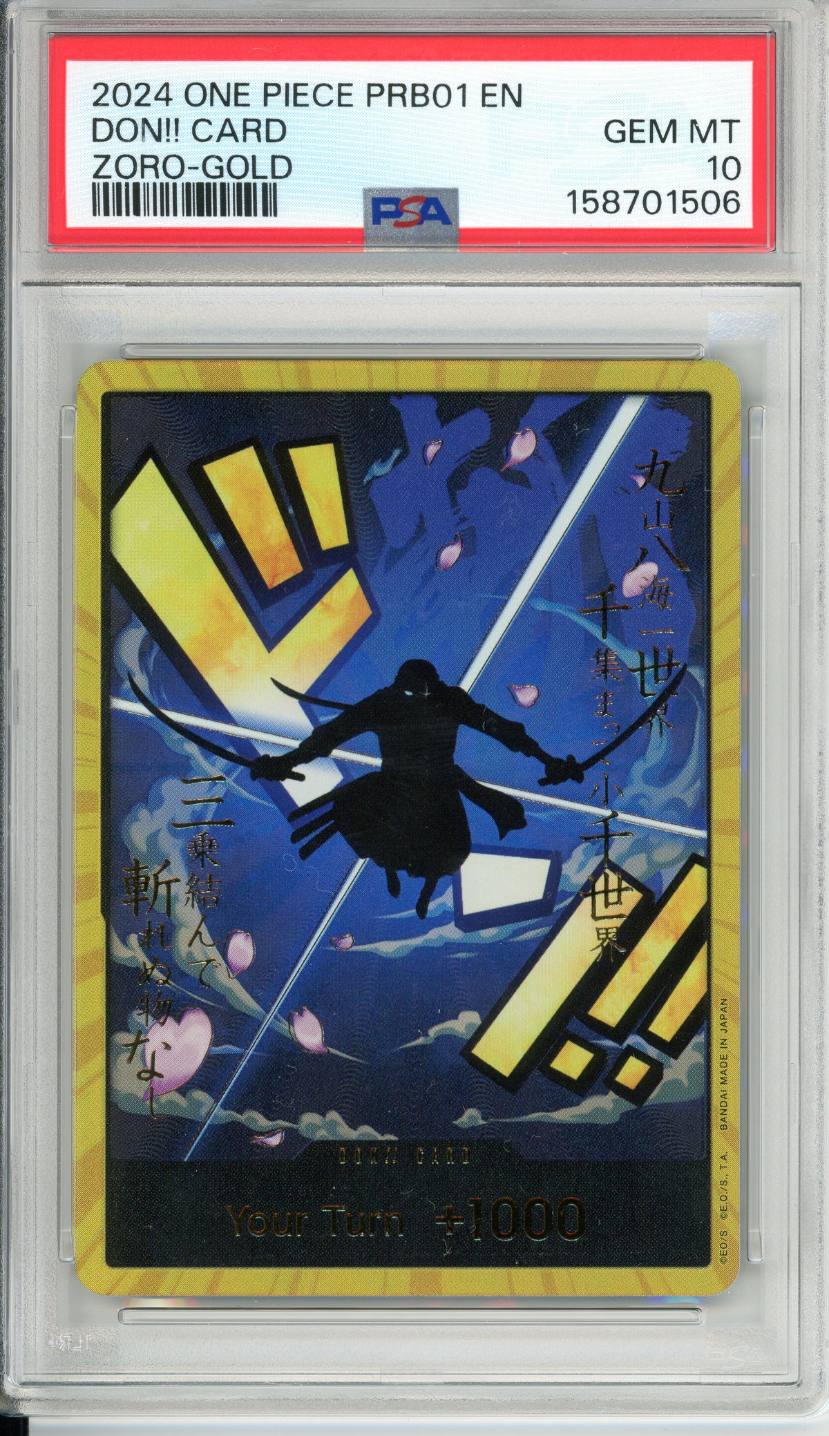 One Piece Graded: Don!! Card Zoro Gold PRB01 PSA 10